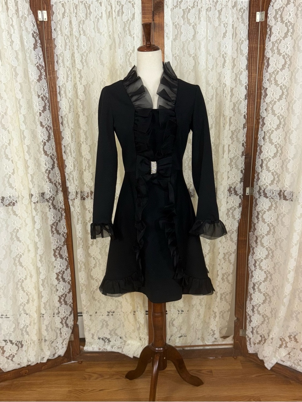 Gorgeous Vintage 1970s Black Ruffle Mini Dress